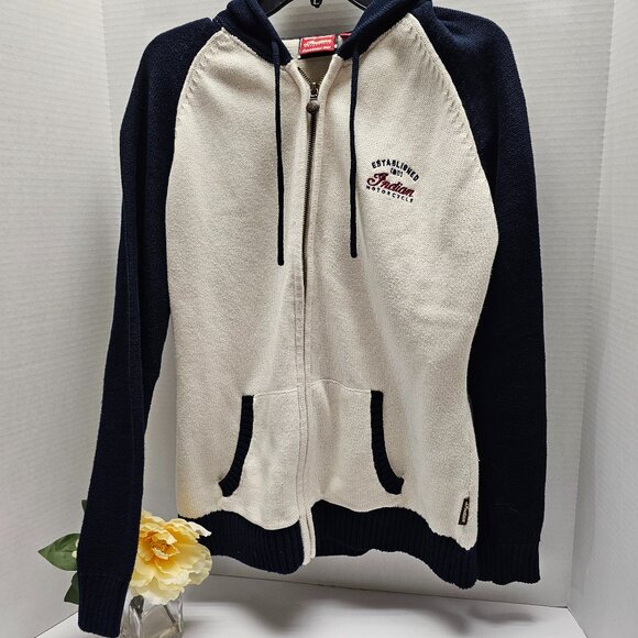 Indian Motorcycle Womens Logo Zip Up Hooded White Blue Sweater Jacket L Large - Picture 2 of 16